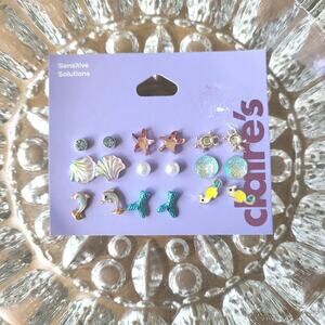 Claires Sea Shell Mermaid Turtle Seahorse 9 Pairs Stud‎ Earring Set Sensitive